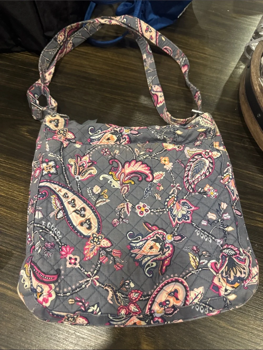 Vera Bradley Gray Paisley Quilted Crossbody with Pink Accents
